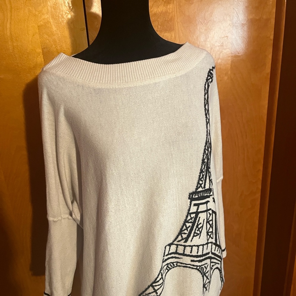 Catherine Malandrino Large White Sweater with Black Eiffel Tower Graphic - Picture 3 of 5